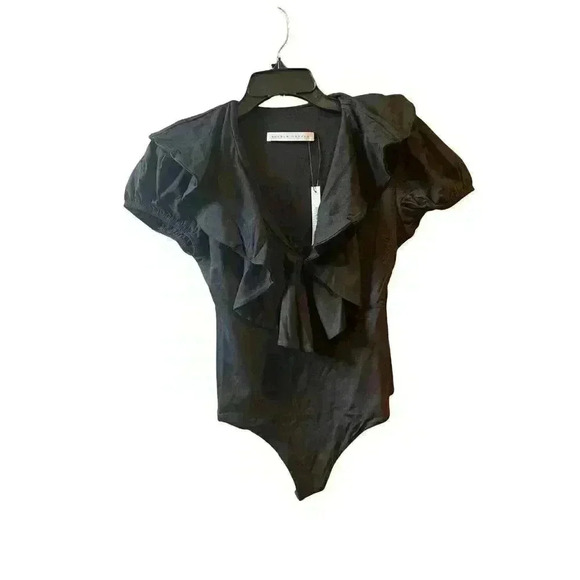 NWT Susana Monaco Short Sleeve Plunging V-Neck Flutter Bodysuit Black Size L - Picture 5 of 10